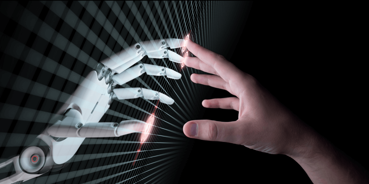Robot hand touching another persons hand image.