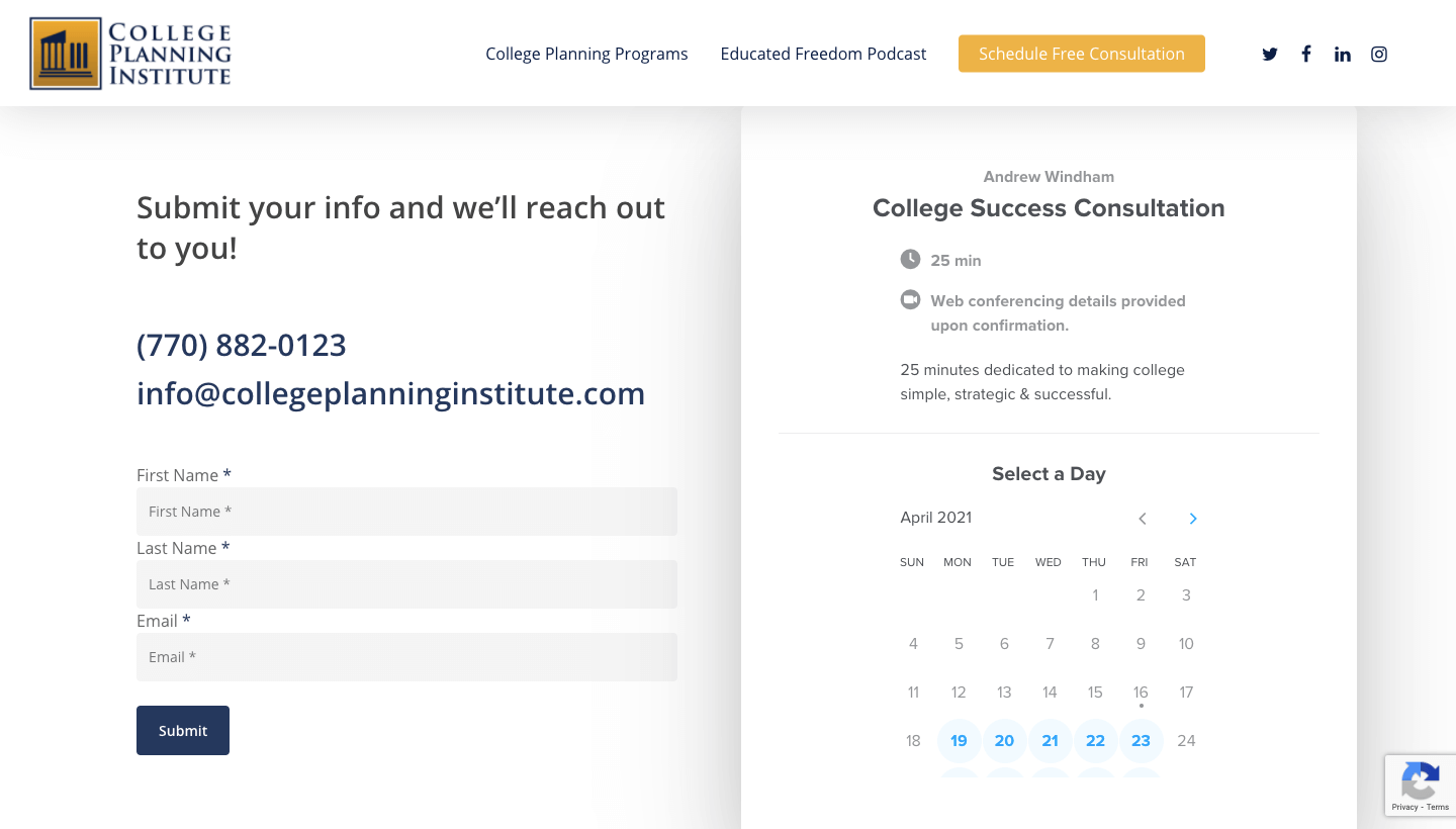 College Planning Institute's website design - consultation page