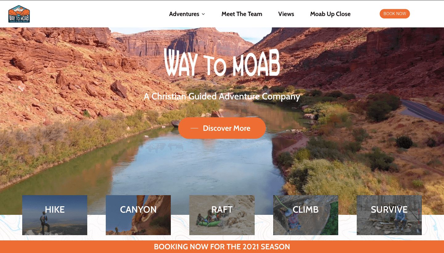 Way to Moab's website design - season-relevant homepage
