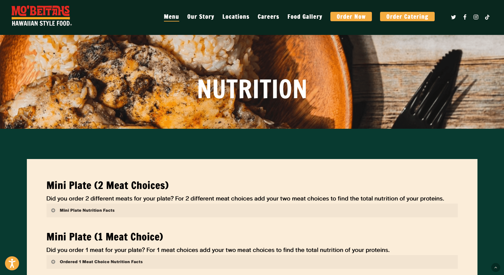 Mo'bettahs nutritional facts web page informational and customization.